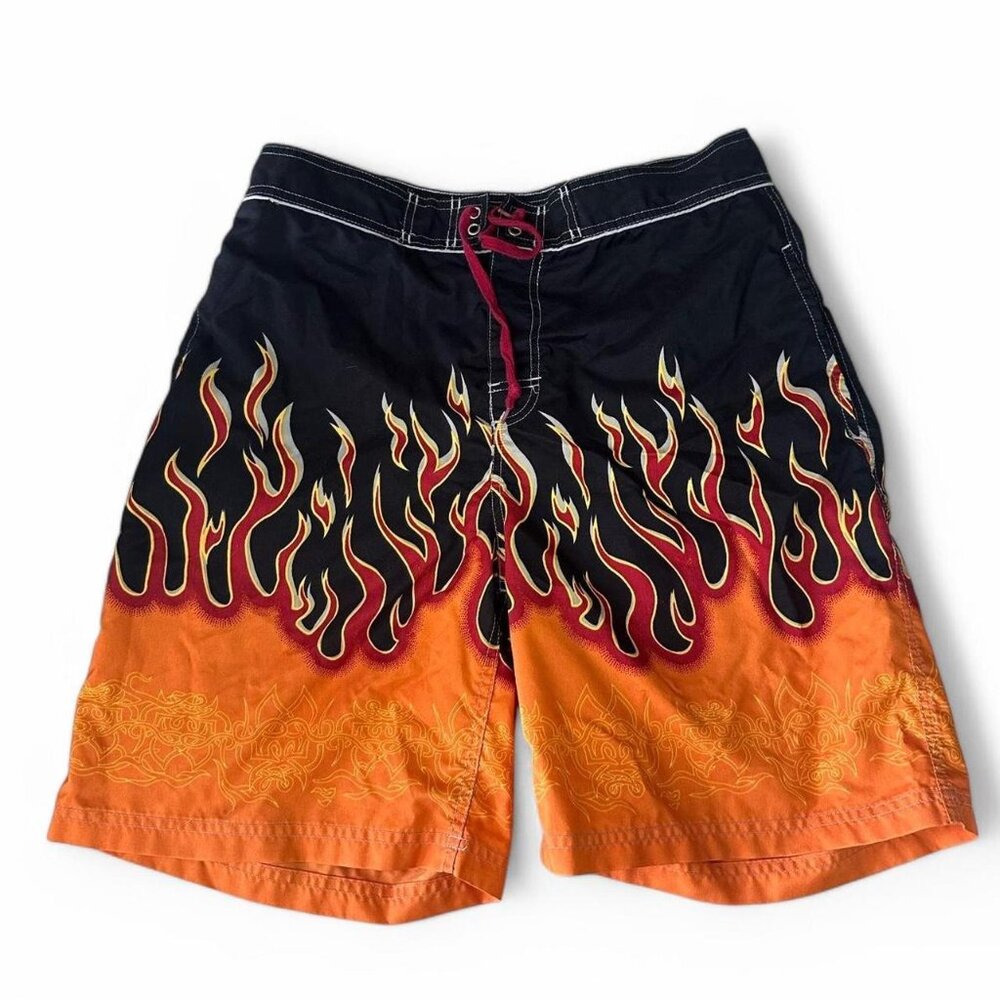 Y2K Flame Print No Boundaries Board Shorts – Size 34W